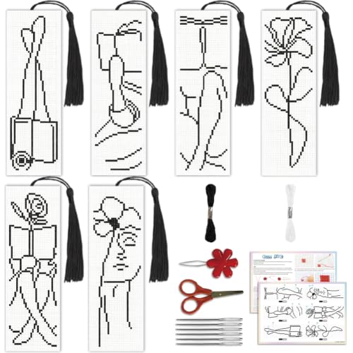 Image of ACRNIGHEET 6PCS Cross Stitch Bookmark Kit for Beginner Stamped Cross Stitch Kits for Adults Abstract DIY Tassel Embroidery Bookmark Kits Needlepoint Kit with Instructions Craft Gift 8.5''x3'' 11CT