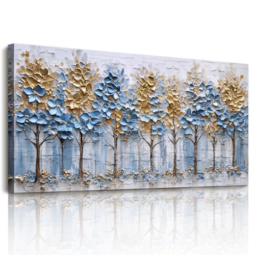 hyidecorart Cuadros Decoracion Salon Modernos, Lienzos Decorativos Grandes, Artística Decoración Azul Oro Árbol de la Vida, Pinturas Bosque Habitación Dormitorios Pasillos Comedor 59x119 cm