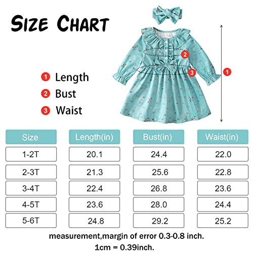 Grnshts Toddler Baby Girl Dress Corduroy Ruffle Long Sleeve Floral Print Princess Dresses With Headband Kids Fall Winter Outfits(Blue Green,1-2T) #TOP6