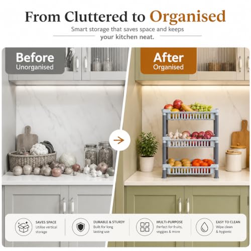 Image of Clazkit 3-Layer Kitchen Rack | Multipurpose Storage Organizer for Kitchen, Fruits & Vegetables, Bathroom & Utility Room | Durable Space-Saving Rack with 3 Spacious Shelves | Easy to Assemble