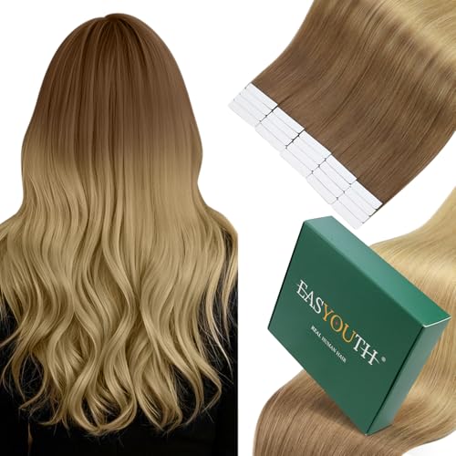 Easyouth Extensões de cabelo natural fita adesiva invisível extensões adesivas de cabelo natural 35 cm 40 g 20 peças extensões de cabelo autocolantes naturais castanho dourado a loiro dourado