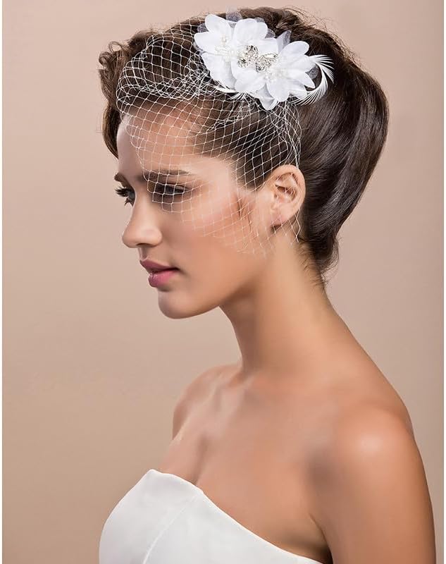 Blusher Veils Headwear Birdcage Veils for Brides with Floral Bridal Hair Clip for Wedding Bachelorette Party White