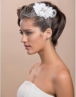 Blusher Veils Headwear Birdcage Veils for Brides with Floral Bridal Hair Clip for Wedding Bachelorette Party White