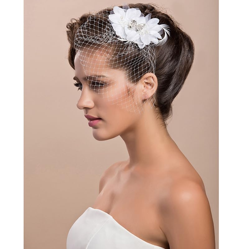 TS Blusher Veils Headwear Birdcage Veils for Brides with Floral Bridal Hair Clip for Wedding Bachelorette Party White