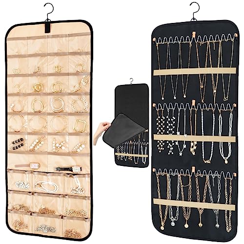 Oudizz Dual-sided Jewelry Organizer, Hanging Jewellery Organiser with Dustproof Cover and Rotating Metal Hook