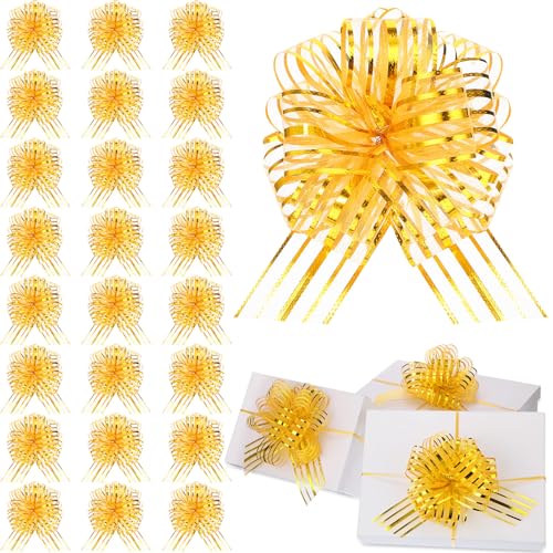 Poen 24 Pcs Christmas Pull Bows for Gift Wrapping Large 6 Inch Organza Crafts Bows for Present Wrapping with Ribbon for Gift Baskets, Wedding, Valentine(Gold)