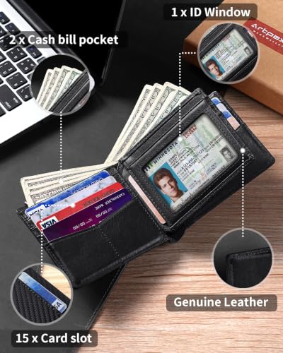Image of Artpaxy Mens Wallet Bifold Genuine Leather RFID Blocking Wallet for Men with 1 ID Window 15 Card Holders 2 cash pockets 1 Gift Box