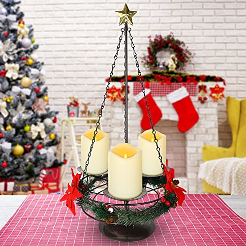 Mortime Christmas Candle Holder With Wreath Base, Christmas Tree Candleholder Decor With Red Flowers Berries Pinecones Wreath For Tabletop Christmas Decoration #TOP4
