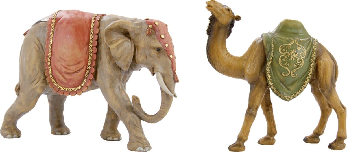 Statuine Presepe Natalizio FADEDA - Elefante E Cammello - 25 Cm - Dipinte A Mano - Effetto Legno - Poliresina - Decorazione Da Tavolo