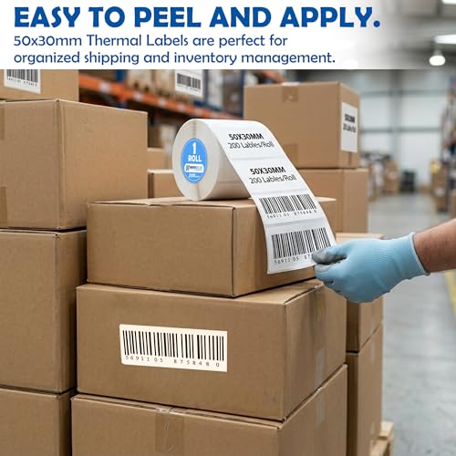 Image of MOREBLUE 50mm x 30mm Direct Thermal Label Roll | 1000 Labels (5 Rolls x 200) | Self-Adhesive Barcode & Shipping Stickers | Waterproof | Strong Adhesive
