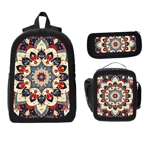 Ethnic Mandala Colorful 3 Pcs 17 Inches Backpack Set with Insulated Lunch Bag And Pencil Pouch Large Back Pack for Men Women Lunchbox Pencil Case Waterproof Backpacks Lunch Box 3 Piece Daypacks2