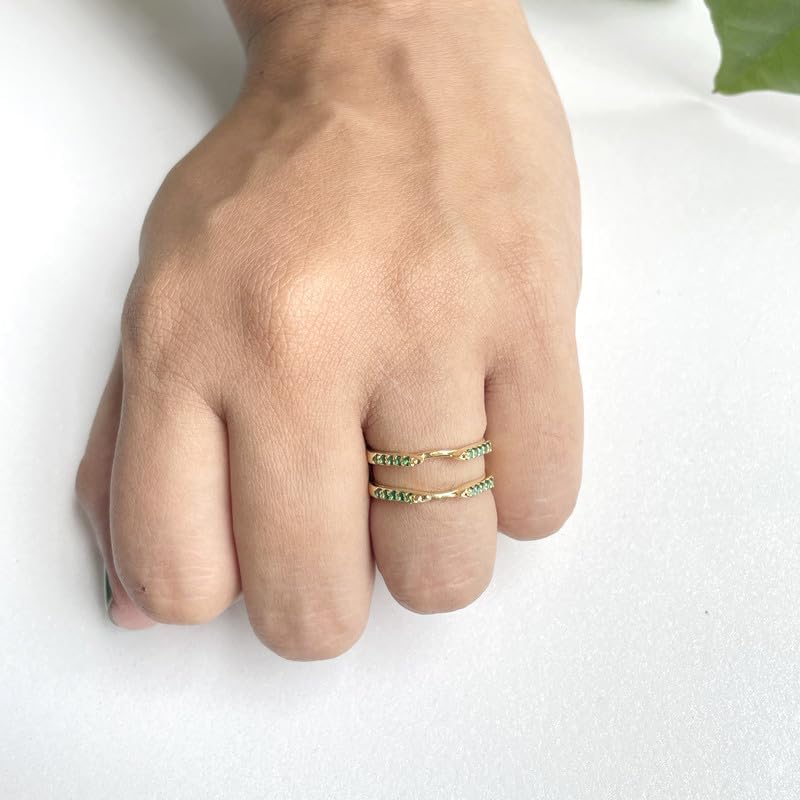 Round Cut Green Emerald Wedding Band Enhancer Guard for Women, 14K White Gold Finish 925 Silver Ladies Green Emerald Wrap Ring