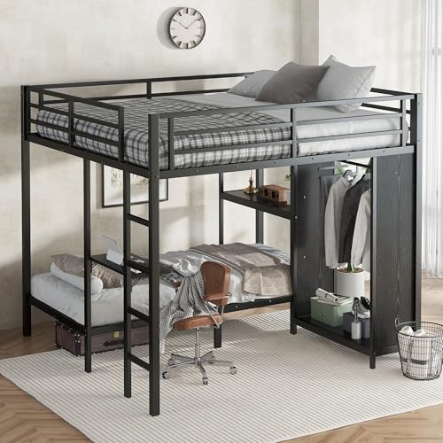 King Over Twin XL Size Metal Bunk Bed Frame with Built-in Wardrobe and Foldable Desk,for Kids Teens Adults Bedroom Use (Black@i, King Over Twin XL)