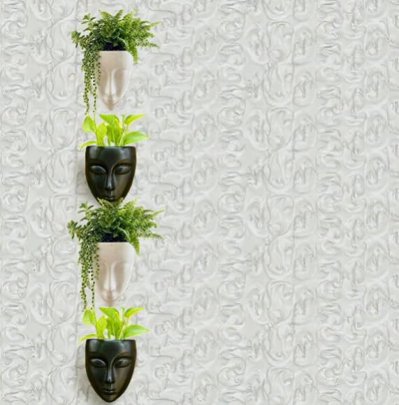 Image of Wall Mounted Face Planters, Set of 4, Black and White, Decorative Indoor Vertical Garden