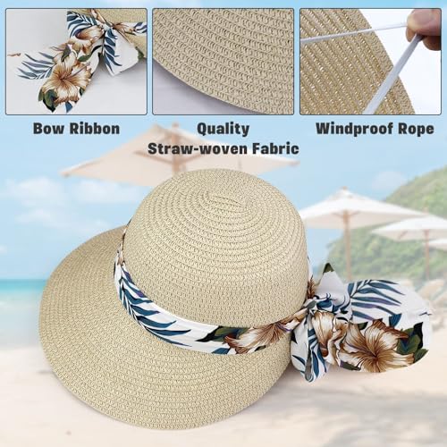 Feelorna Chapeau de paille pour femmes, chapeau de plage avec protection UV, larges bords, respirant, pliable, chapeau d'été pour voyage et vacances, Beige A., taille unique – vue 4