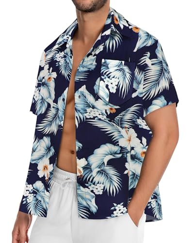 Image of Men Hawaiian Shirt Short Sleeve Summer Beach Button Down Shirts with Pocket