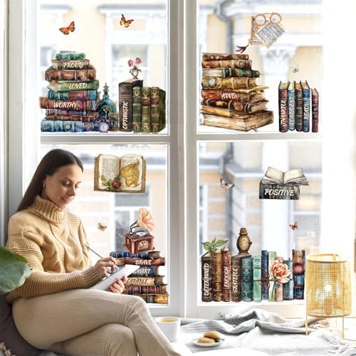 Easma Vintage Book Window Stickers Double-Sided Window Clings Stickers For Glass Window For Classroom Preschool Decals Peel And Stick Watercolor Books Decorations Decals For Library Kids Nursery Wall Decor thumb #4