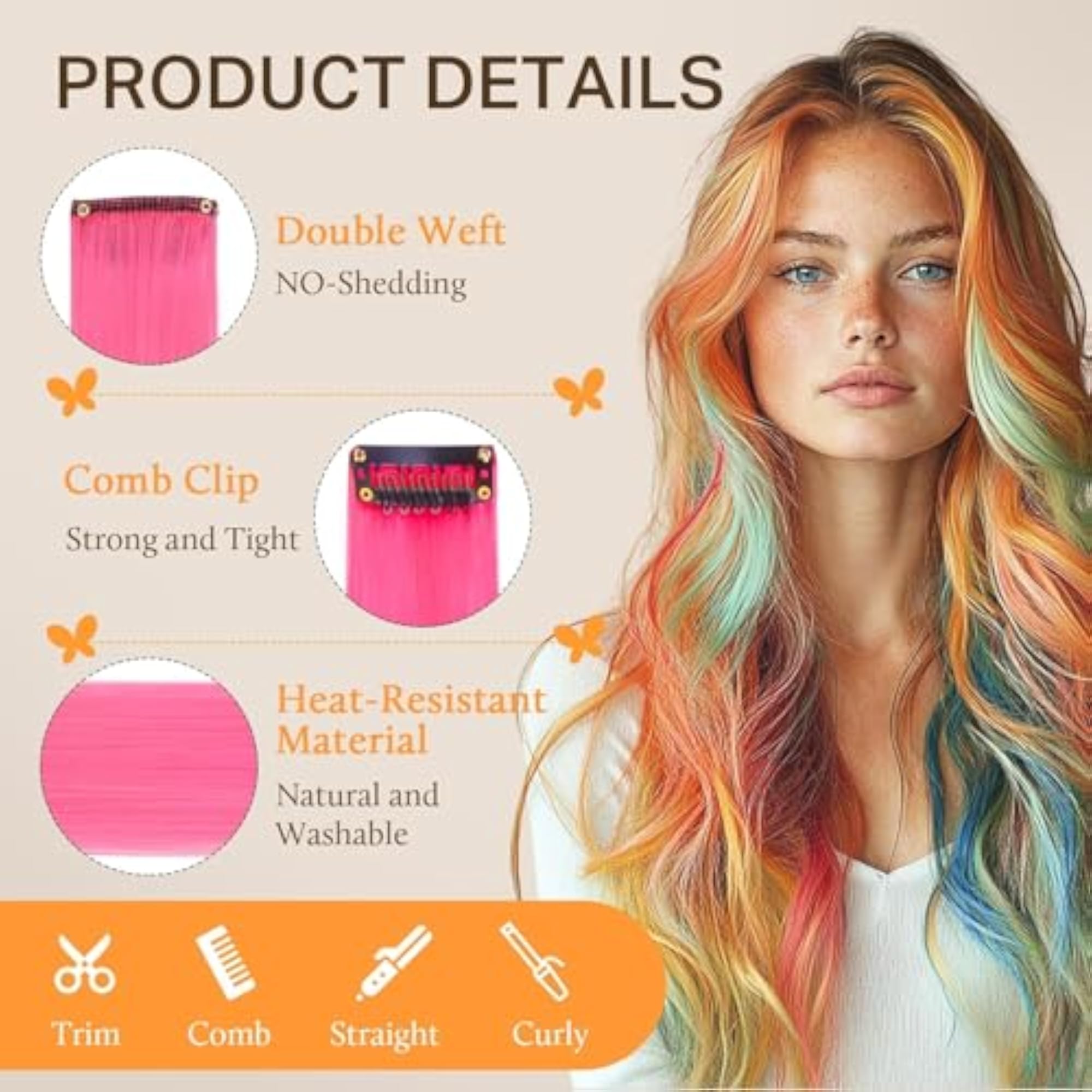 6 Pcs Hot Pink Clip-In Hair Extensions