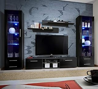MAS Galino C Wall Unit Living Room Set 320cm Wide High Gloss TV Stand Two Shelves Two Display Cabinets Glass Doors LED Lights