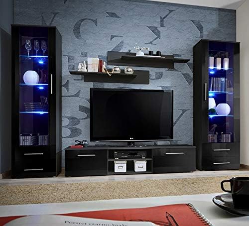 MAS Galino C Wall Unit Living Room Set 320cm Wide High Gloss TV Stand Two Shelves Two Display Cabinets Glass Doors LED Lights