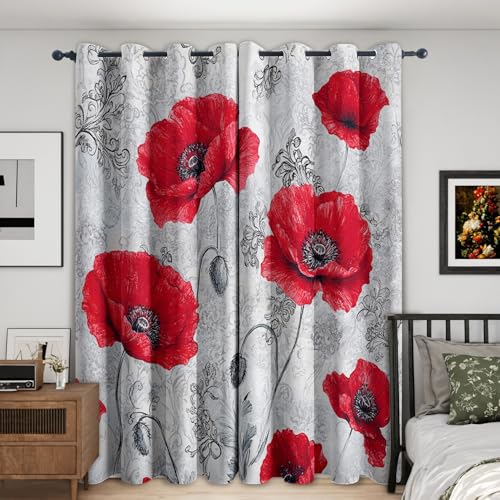 Red Poppy Curtains for Bedroom 90x90, Floral Curtains Blackout Living Room Home Decor, Printed Window Eyelet Drapes 90 Inch Drop 2 Panels - TEB252