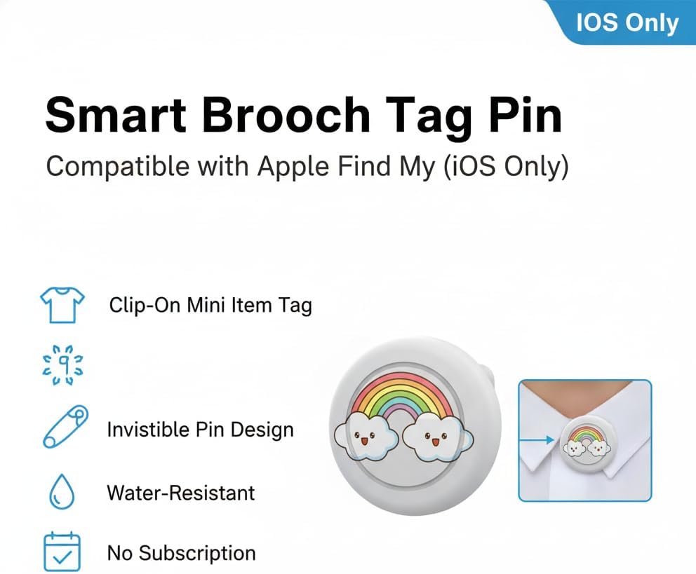 Smart Brooch Tag Pin – Lovely Waterproof Clip-On Mini Item Locator (Compatible with Apple Find My, iOS Only), Invisible Tag for Clothing, Bags & Accessories (White)