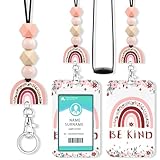 ID Badge Holder with Lanyard Teacher Cute Be Kind Rainbow Badge Holders with Wooden Beaded Adjustable Neck Lanyards Keychain for Women Kids Nurses Doctors Student