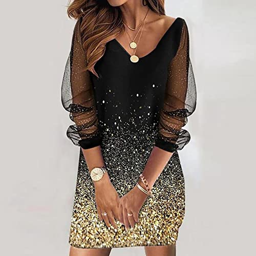 Allasfun Vestido feminino moderno com estampa de vestido de malha transparente feminino manga longa