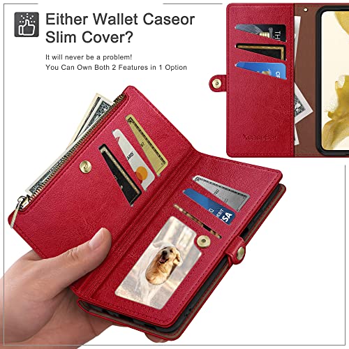 Image of XcaseBar Compatible with Samsung Galaxy S25 Wallet case with Zipper Credit Card Holder【RFID Blocking】,Flip Folio Book PU Leather Phone case Shockproof Cover Women Men for Samsung S25 case Red