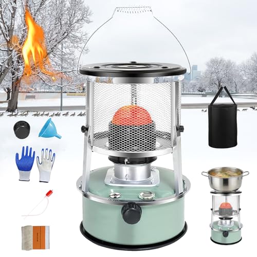 Non Electric Heaters for Indoor, 9000 Btu Kerosene Heater Indoor for Large Rooms, Up to 21h Runtime, Portable Non-electric Space Heater for Emergency Home Use, Power Outage, With Cooking Func (Green)