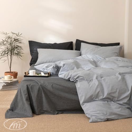Image of VM VOUGEMARKET Grey Pinstriped Duvet Cover Set Queen 100% Washed Cotton Bedding Set,Ticking Stripes Pattern Duvet Cover with Zipper Closure (3pcs, Horizontal Stripes)