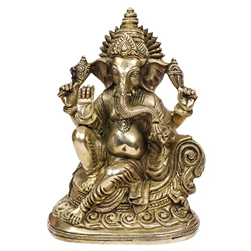 Kartique Estatua de metal de latón del Señor Ganesha sentado en Singhasan Ganesh Bhagwan ídolo Ganpati Murti para decoración de entrada de oficina en casa, Diwali Pooja, color bronce (oro antiguo)