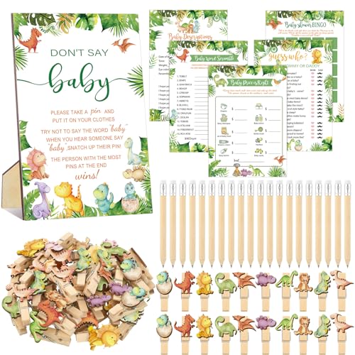 Patelai 321 Pcs Baby Shower Games Supplies, 5 Sets (50 Cards Each) Activities Cards with 20 Pencils 1 Don't Say Baby Sign 50 Clothespin(Dinosaur)