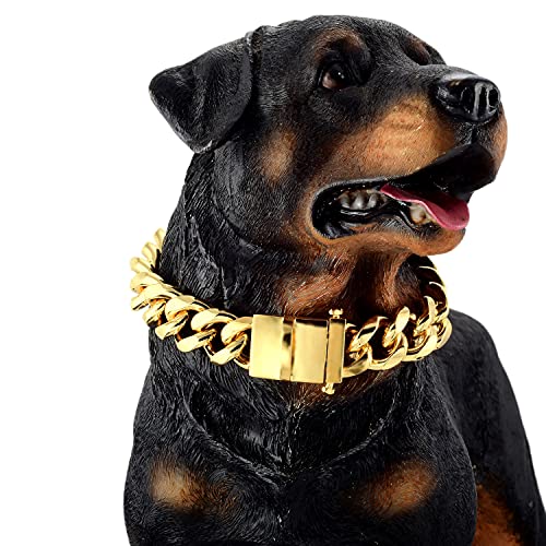 NIKPET Gold Dog Chain Collar with Secure Buckle with Bells 18K Metal Stainles Steel Cuban Link Chain 19MM Thick Strong Heavy Duty Walking Training Collar (19MM, 14 )