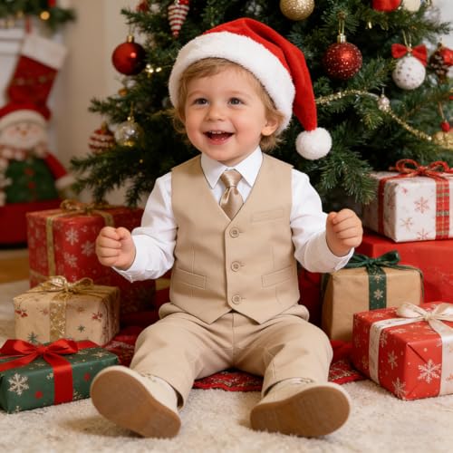 Image of Baby Boy Formal Suit for Toddler Infant Tuxedo Dress Suits | Little Gentleman, Wedding Ring Bearer Outfit, Vest Pants Long-Sleeve Shirt Tie, Birthday Party Christmas Prom, Classic