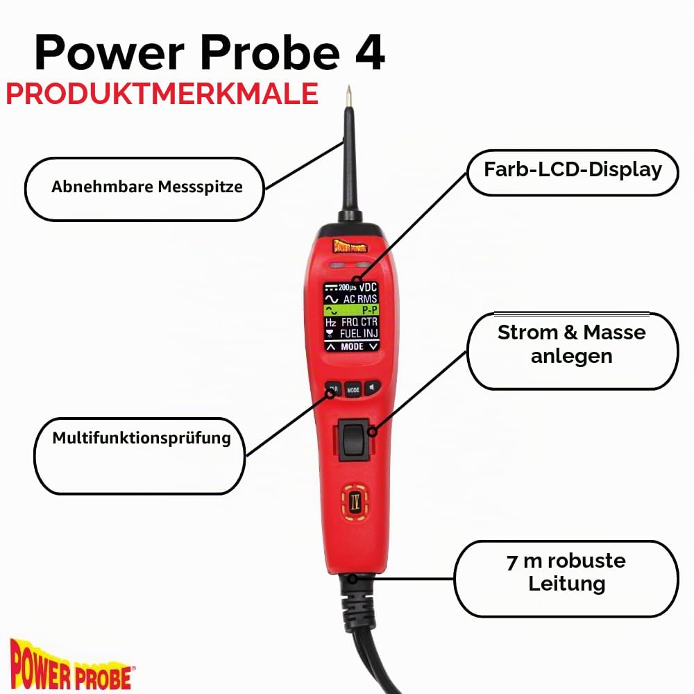 Power Probe 4 PP401AS Stromkreistester mit Farb-LCD-Multimeter | Strom und Masse an der Spitze, 8 Modi, Farb-LCD, Einspritzdüsen- und Treibertest, 7m Kabel, 8A Auto-Reset, 12-24V