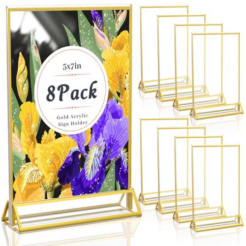 Image of Dynta Acrylic Sign Holder 5x7in Double-Sided Display Stand with Gold Frame Clear Table Sign Holders for Wedding Party Restaurants Home Office(8 Pack)