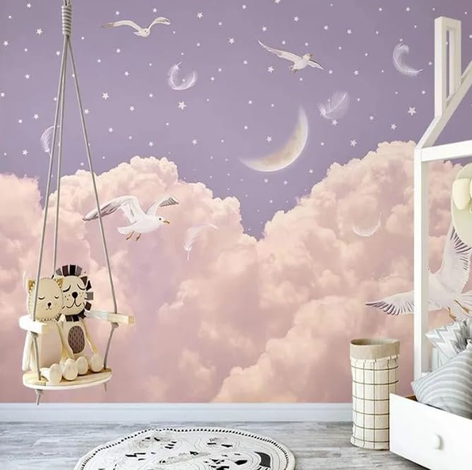 Peinture murale nuages roses et ciel étoilé romantique pour fille