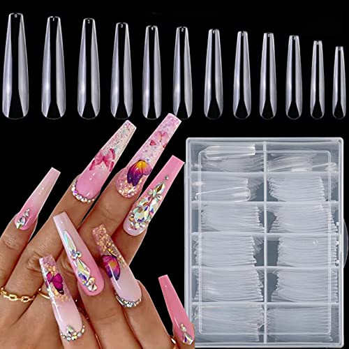 240 Coffin Acrylic Nail Art Tips Kit Extra Long Ballerina Shape Artificial False Fake Nails Full Cover 12 Sizes for Women Girls Nail Designs. (XL Coffin Full Cover)