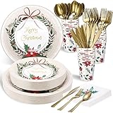 Sliner 350 Pcs Christmas Party Supplies Disposable Christmas Tableware Set 100 Paper Plate 50 Cup Napkin Knives Fork Spoon Xmas Holiday Party Dinnerware Table Decoration Classic Xmas Tableware