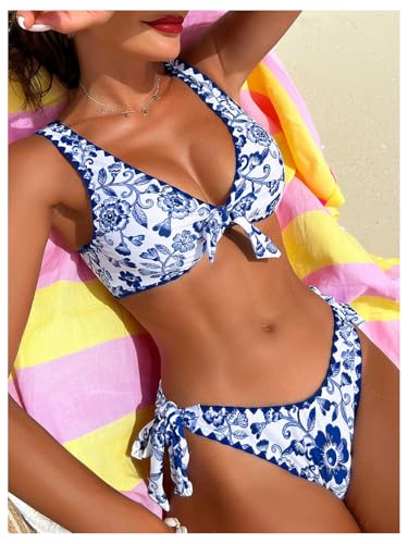 MakeMeChic Women's 2 Piece Bikini Sets Boho Floral Print Tie Front Knot Side Wireless Summer Swimsuit Bathing Suit4