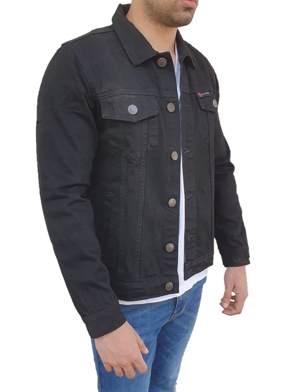 Overdrive Men's Denim Biker Trucker Jacket CE Armored Protective Foam Pads Black Jeans Fabric Two Gun Pockets (as1, alpha, l, regular, regular)