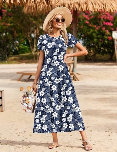 Image of Zeagoo Summer Dresses for Women 2026 Maxi Bohemian Floral Short Sleeve Long Dress Casual Flowy Tired Beach Sundress