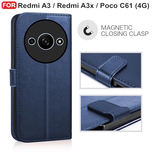 Image of CEDO Flip Cover for Redmi A3 / Redmi A3x / Poco C61 (4G) | Leather Finish | Inside Pockets & Inbuilt Stand | Shockproof Wallet Style Magnetic Closure Back Case Flipcover (Blue)