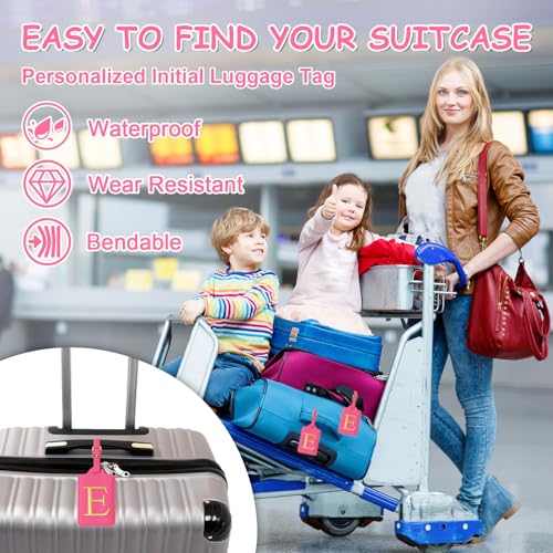 Image of Initial Luggage Tags for Suitcases, Cute Embroidered Letter Luggage Bag Suitcase Identifier Name Baggage Tag, PU Leather Travel Luggage Tags, Bag Tags for Men Women Kids Luggage Handbags(Rosered E)