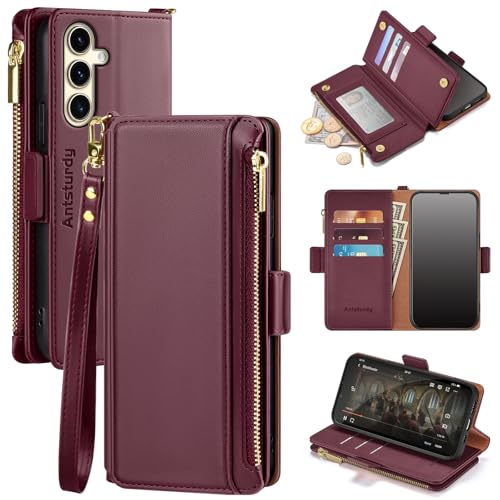 Antsturdy Compatible with Samsung Galaxy S25 Wallet Case with Card Holder,PU Leather Phone Case Flip Protective Cover RFID Blocking Wrist Strap Credit Card Slots Kickstand Men Women,Wine Red