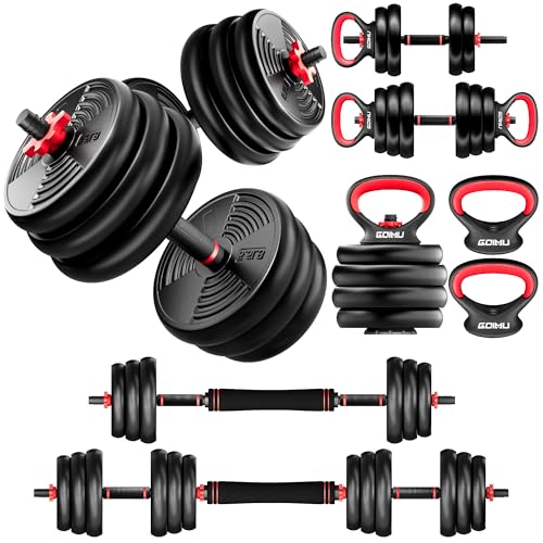 GOIMU Adjustable Dumbbells, 55/77LBS Free Weight Set, 4 in 1 Dumbbell Set Used as Barbell, Kettlebell, Push Up Stand, Fitness Exercise for Home Gym Suitable Men/Women(54LB)