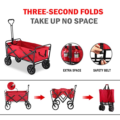 220 Lbs Capaticy Folding Wagon, Utility Garden Cart Collapsible With Wheels For Outdoor Camping, Red #TOP2