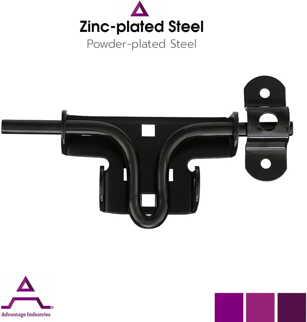 Advantage Industries Steel Slide Bolt Gate Latch | Zinc-Plated Steel | Wood Gate Latch | Reversable | Heavy Duty Powder-Coated Steel | Pad-Lockable | One-Way Entry – Black – 1 Pack
