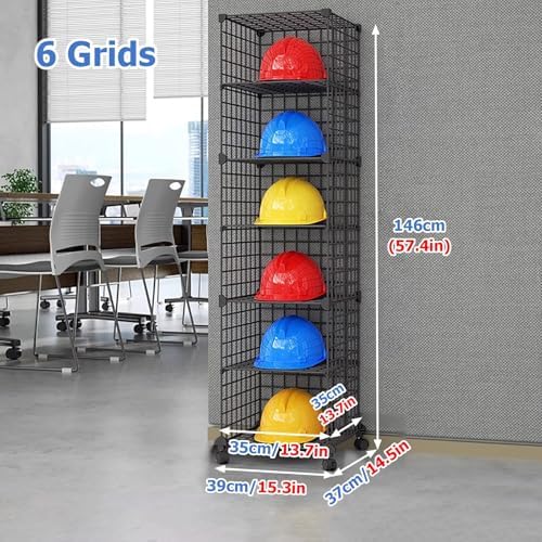 Adjustable Stackable Safety Helmet Storage Boxes with Wheels - 8-Layer Floor-Standing Hardhat Display Shelf for Construction Sites, Garages, Workshops, and Factories (16 Grids)
